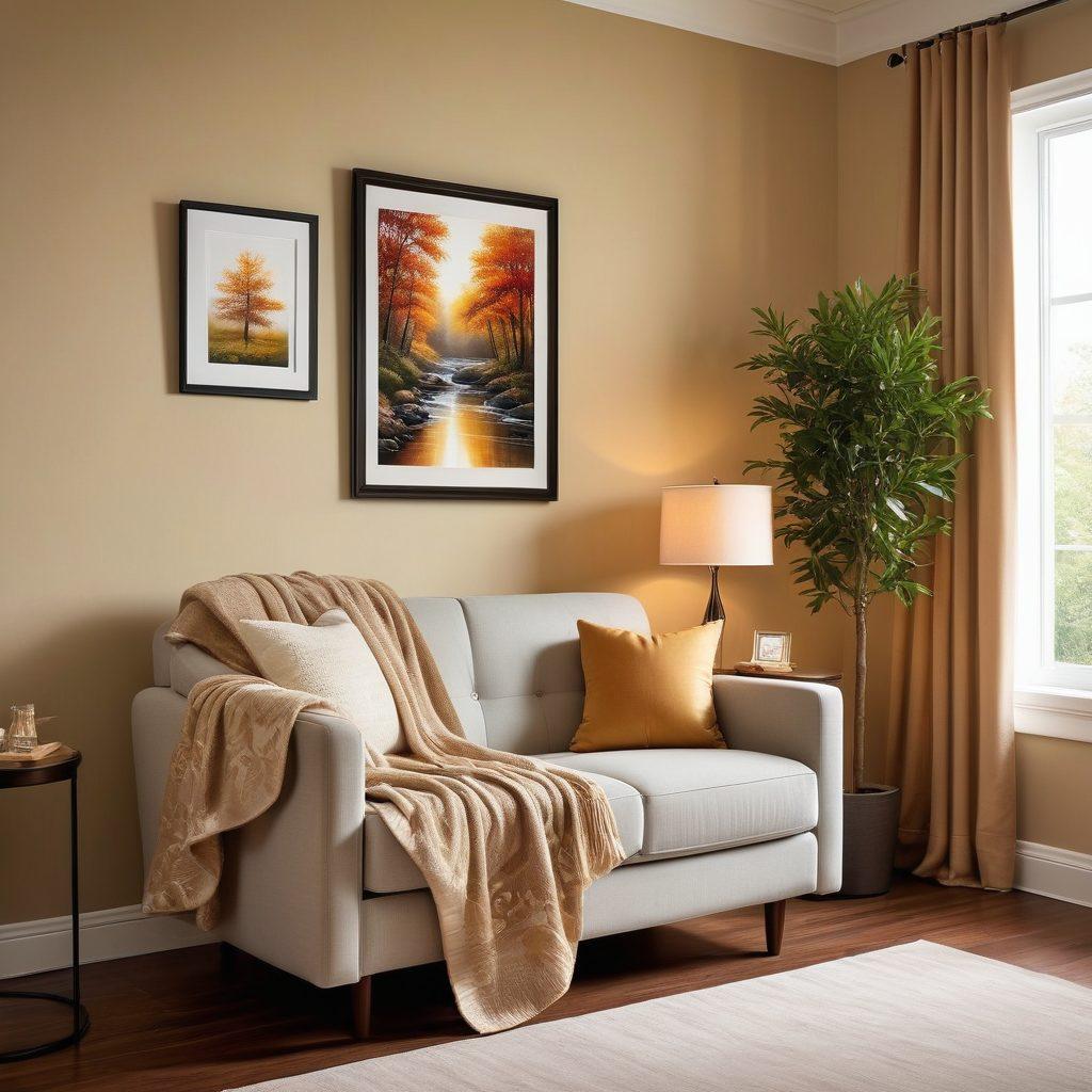 A serene hospital room blending elegance and comfort, featuring a plush, stylish recliner in soft tones, accompanied by a sleek bedside table with a radiant lamp. Framed art on the walls depicting tranquil nature scenes, and an inviting window with soft light filtering in. Include a cozy blanket draped over the chair, symbolizing warmth and care. super-realistic. vibrant colors. soft focus.