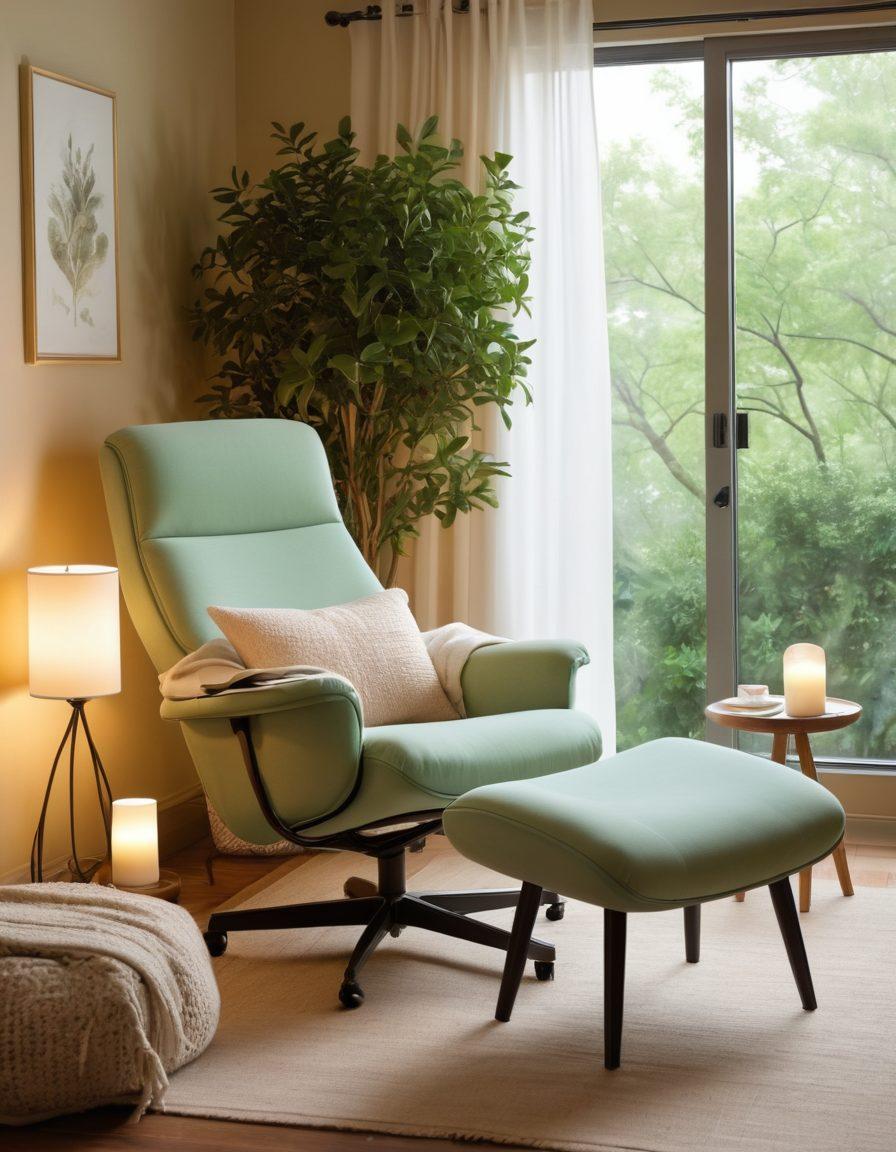 An inviting, soothing setting featuring a variety of ergonomic chairs designed for cancer patients, emphasizing comfort and support. Include soft lighting, gentle colors, and elements like cushions and blankets for a cozy atmosphere. Show a serene person using one of the chairs, perhaps reading or relaxing, with greenery in the background to symbolize healing. super-realistic. soothing colors. soft lighting.