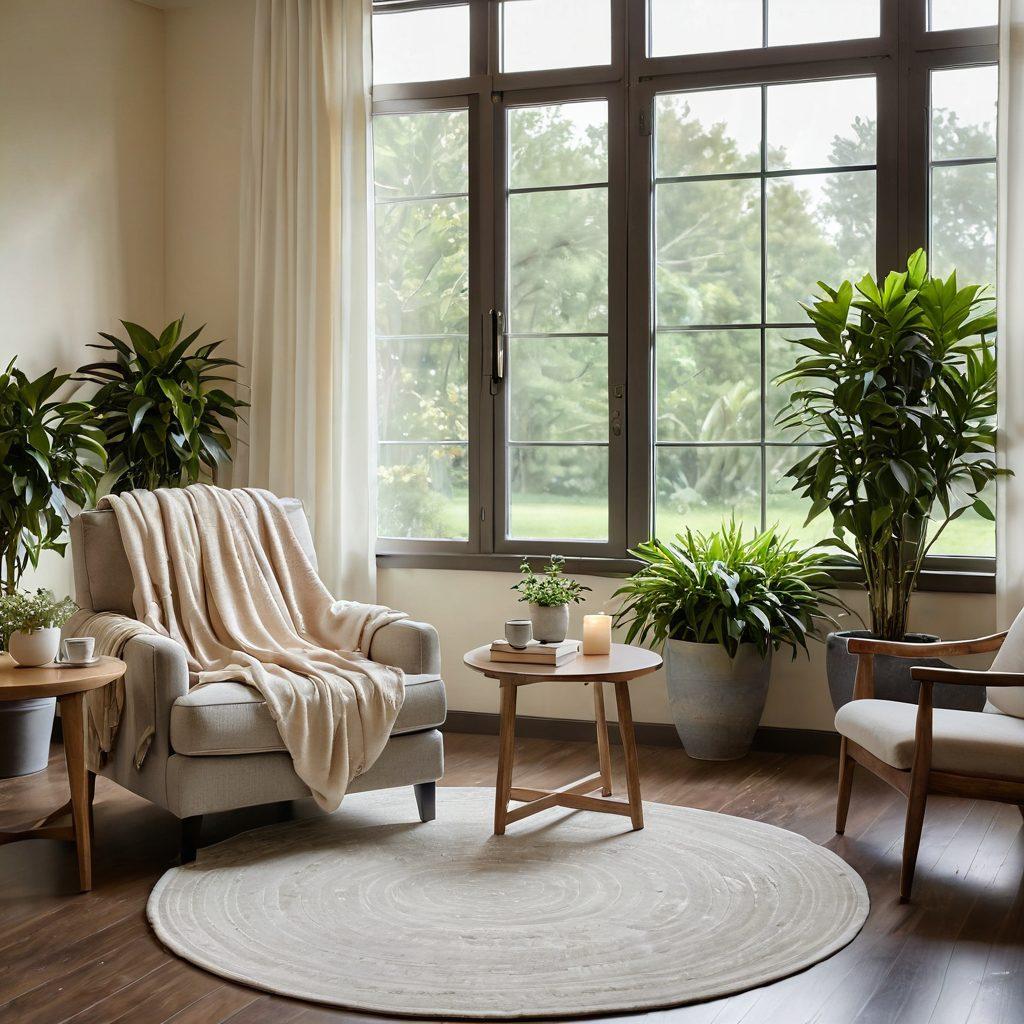 A serene and inviting therapy room showcasing elegant, supportive seating designed specifically for cancer patients. Include soft, natural lighting filtering through large windows, potted plants, and calm, soothing colors to promote relaxation. Emphasize a cozy atmosphere with a warm throw blanket draped over a chair and a small table with wellness books and herbal tea. super-realistic. vibrant colors. soft focus.
